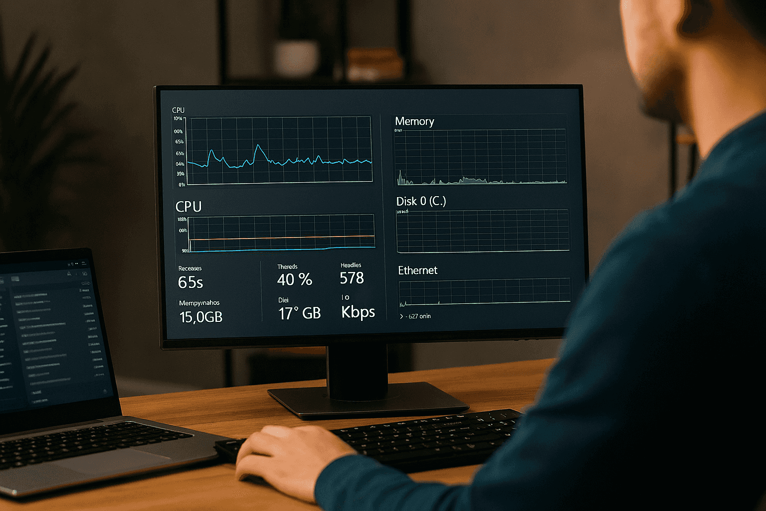 Person monitoring computer performance graphs on a desktop screen showing CPU, memory, disk, and network activity.
